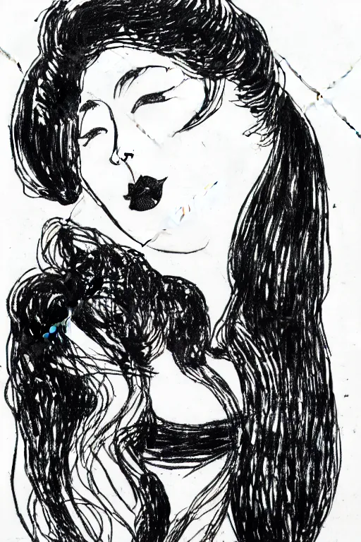 Image similar to ink lineart drawing of a beautiful heavy woman, dark lips, white background, etchings by goya, chinese brush pen, illustration, high contrast, deep black tones contour