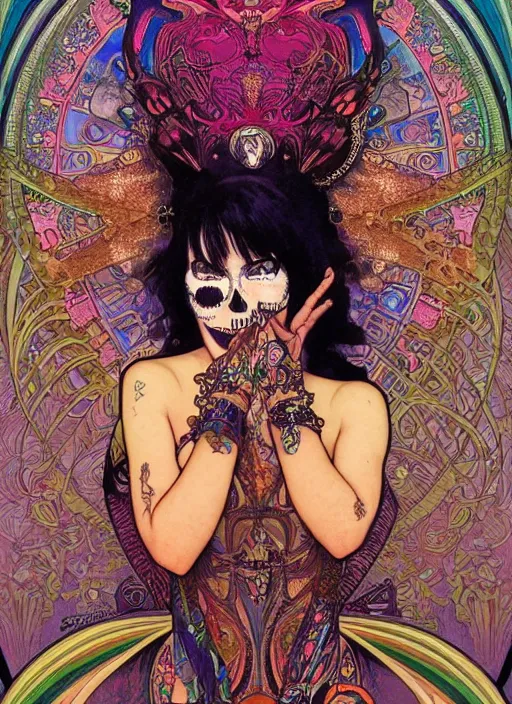 Image similar to realistic detailed psychedelic poster art of a cute punk goth fractal Día de los Muertos girl posing by Victor Moscoso Rick Griffin Alphonse Mucha Ayami Kojima Amano Charlie Bowater, masterpiece