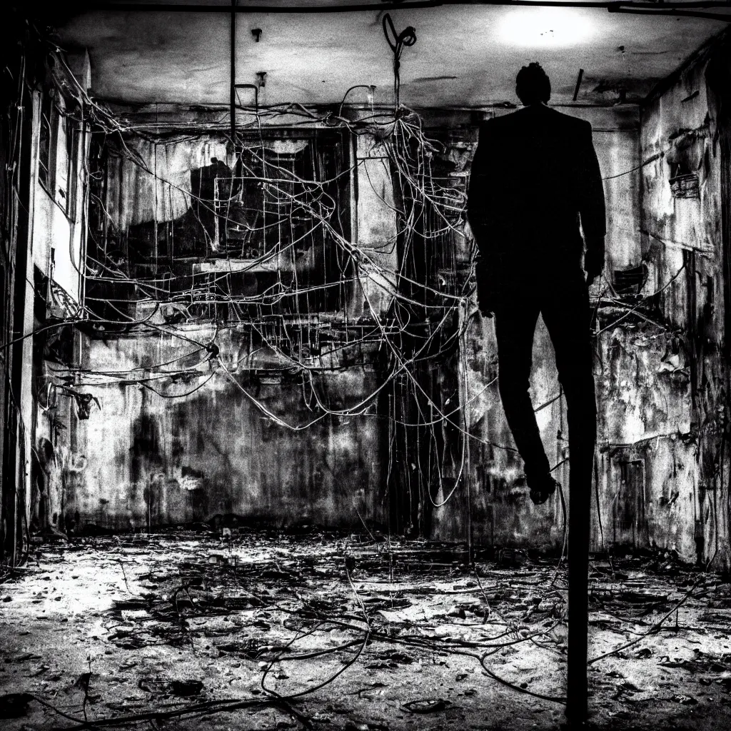 Image similar to a man in black in leather, watching a black hole forming in the grimy grungy basement of an abandoned apartment block, wires, cables, grainy black and white photography