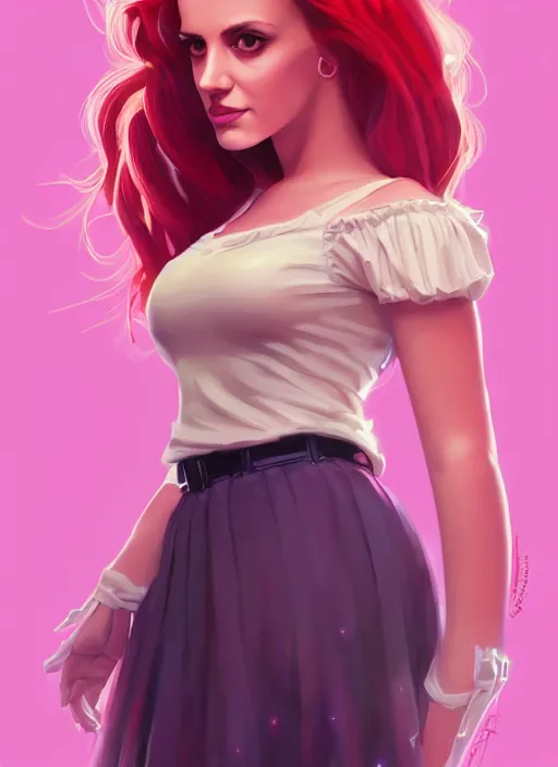 Image similar to full body portrait of teenage cheryl blossom, bangs, green eyes, sultry expression, red hair, sultry smirk, bangs and wavy hair, pink skirt, bangs, intricate, elegant, glowing lights, highly detailed, digital painting, artstation, concept art, smooth, sharp focus, illustration, art by wlop, mars ravelo and greg rutkowski