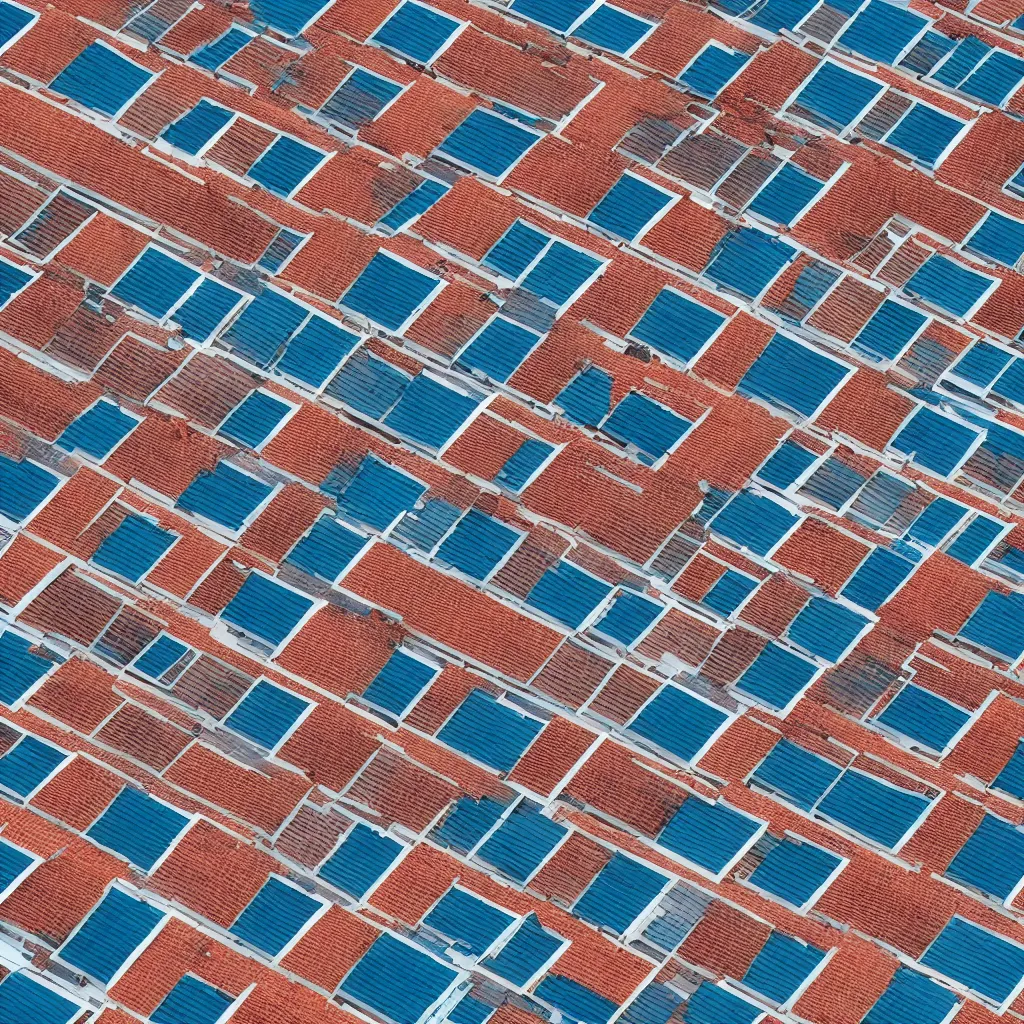 Image similar to bird's eye view of single blue rooftop building, seamless texture of bricks on top of roof, 8k