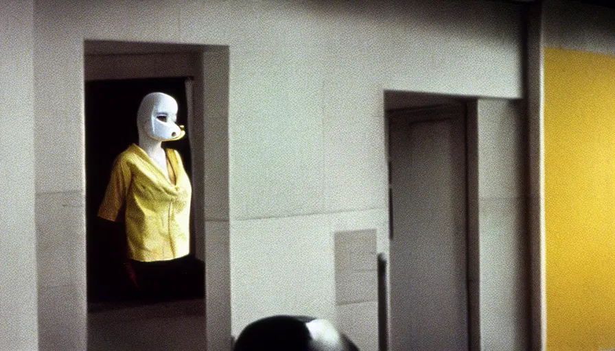 Image similar to 60s movie still of a white japanese female phantom bloody in an empty hospital with light yellow walls, eastmancolor, heavy grain, high quality, higly detailed, liminal space