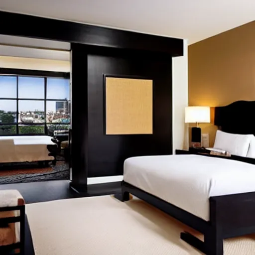 Image similar to stylish luxury hotel bedroom design, feminine, black walls, Japanese influences