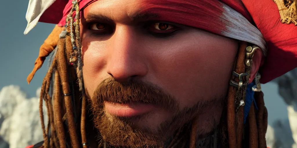 Image similar to a close up portrait of a pirate. this 4 k hd image is trending on artstation, featured on behance, well - rendered, extra crisp, features intricate detail and the style of unreal engine. volumetric lighting octane render