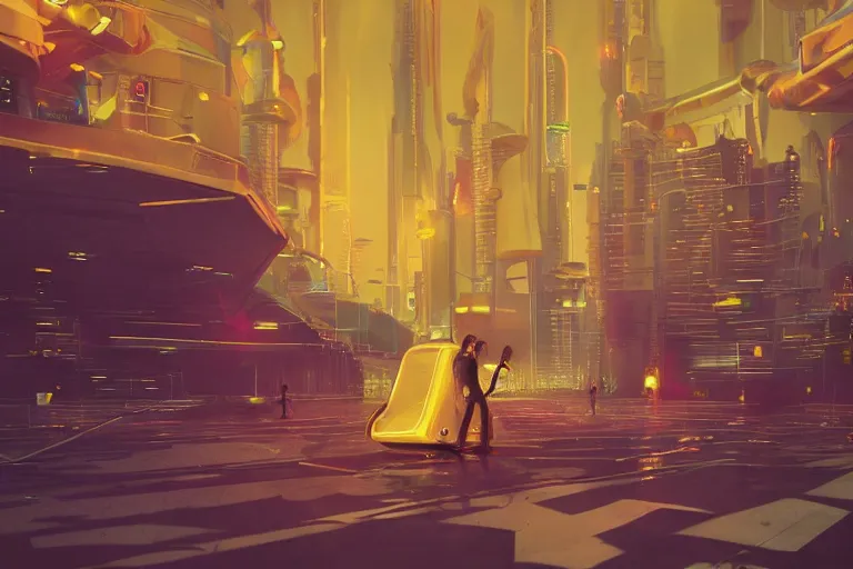 Image similar to the beatles performing on a yellow spaceship, cyberpunk art by mike winkelmann, trending on cgsociety, retrofuturism, reimagined by industrial light and magic, darksynth, sci - fi