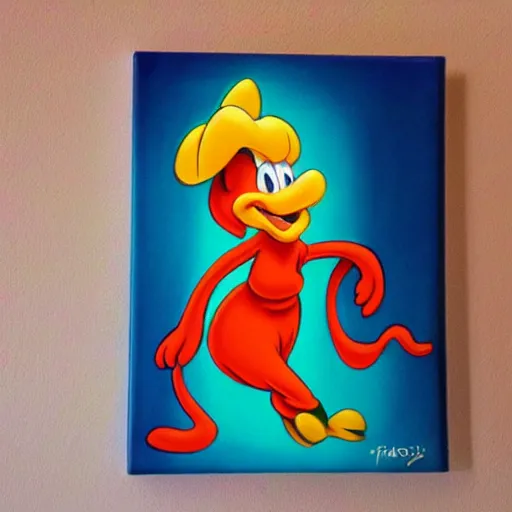 Image similar to silly fire cartoon character in the style of Disney Fantasia, painted in fluid acrylics