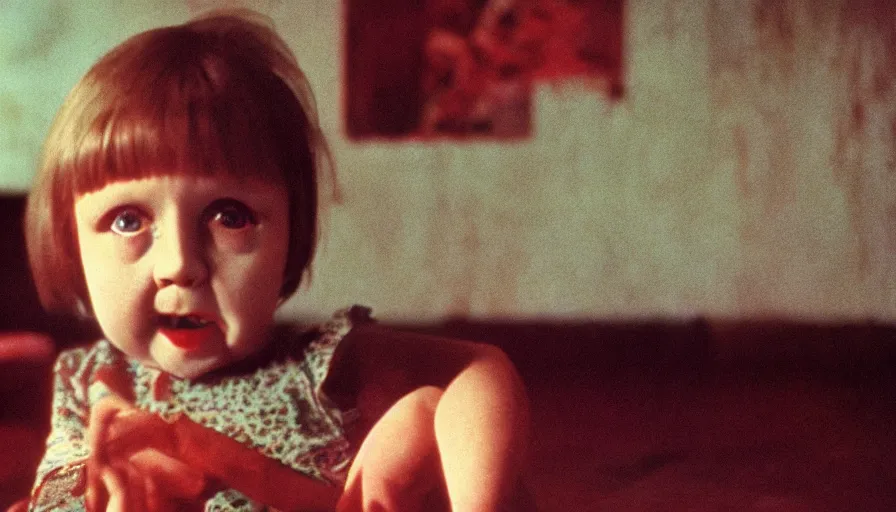 Image similar to a 7 0 s film still from a horror movie of a child with no arms, kodachrome, cinecolor, cinestill, film grain, film texture, retro, cinematic, high resolution, photorealism,