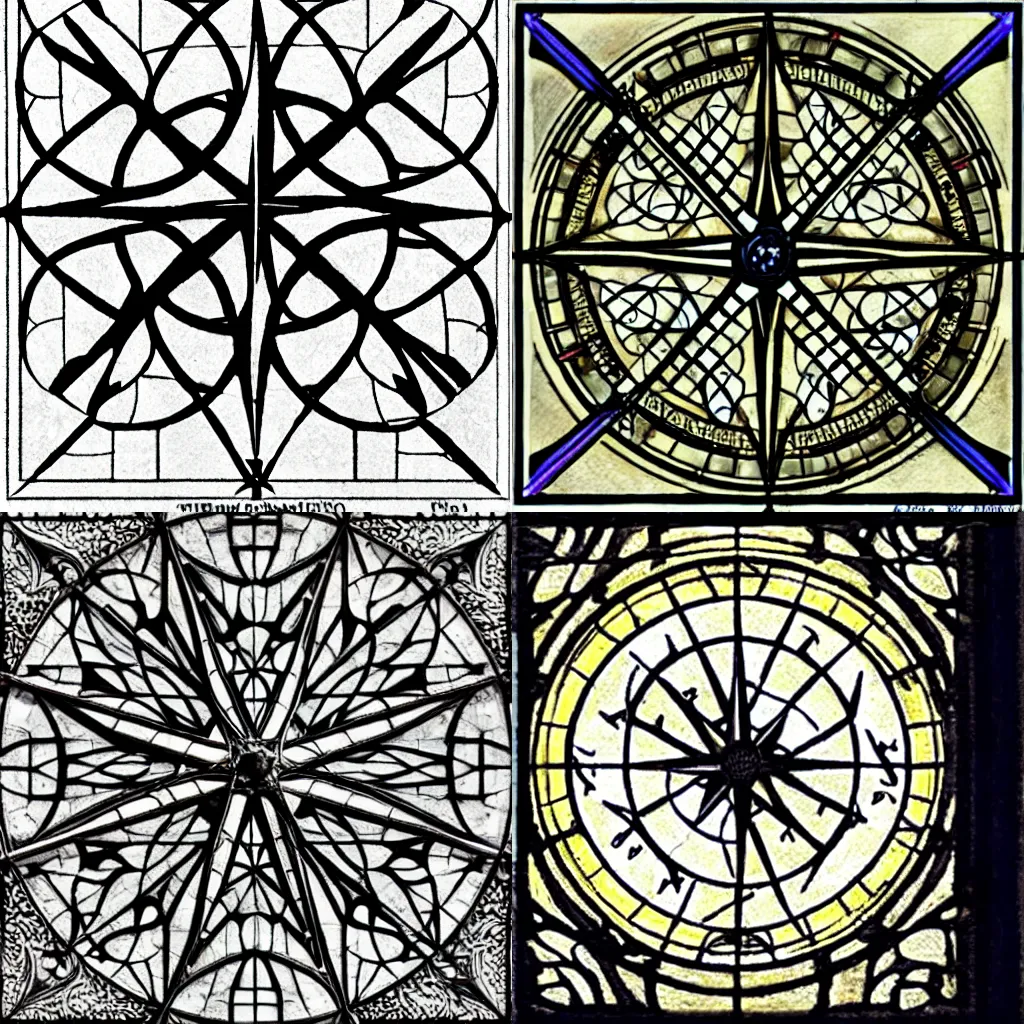 Prompt: explore gothic tracery using only a compass and ruler, albert kiefer style, extremely detailed, architecture drawing, sacred geometry