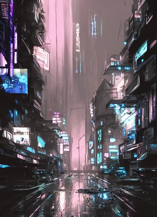 Prompt: sci-fi cyberpunk city street, billboards, neon holograms, neon signs, rainy night, dramatic lighting, cinematic, establishing shot, extremely high detail, foto realistic, cinematic lighting, pen and ink, intricate line drawings, post processed, concept art, artstation, matte painting, style by Raphael Lacoste, Eddie Mendoza ,