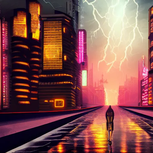 Prompt: flat pixels matte painting of cyberpunk city, thunderstorm, raining