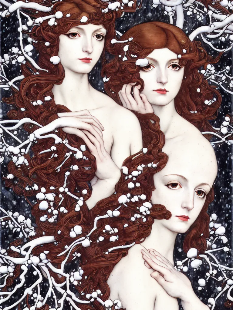 Prompt: muses symbolizing december, january and february, somber, mournful, style mix of æon flux, shepard fairey, botticelli, john singer sargent, pre - raphaelite, shoujo manga, branches, snow, ice, dark muted colors, superfine ink detail, ethereal, 4 k photorealistic, arnold render