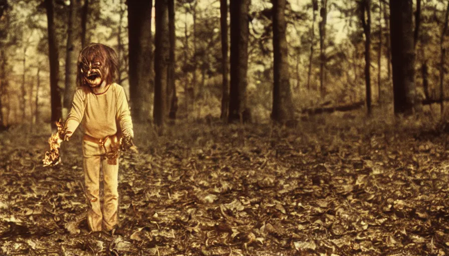 Image similar to 7 0 s film still from a horror movie about a burning tree and a laughing kid, kodachrome, cinecolor, cinestill, film grain, film texture, retro, cinematic, high resolution, photorealism,