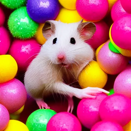 Image similar to pink hamster having fun in colorful balls, realistic photography, warm colours, marc caro and jean - pierre style, high quality image, 4 k, hyper detailed