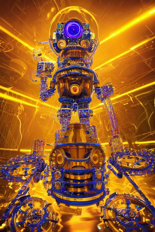 Image similar to portrait photo of a giant huge golden and blue metal steampunk robothead covered with multicolored machine parts and gears and tubes, eyes are glowing red lightbulbs, shiny crisp finish, 3 d render, 8 k, insaneley detailed, fluorescent colors, background is multicolored lasershow