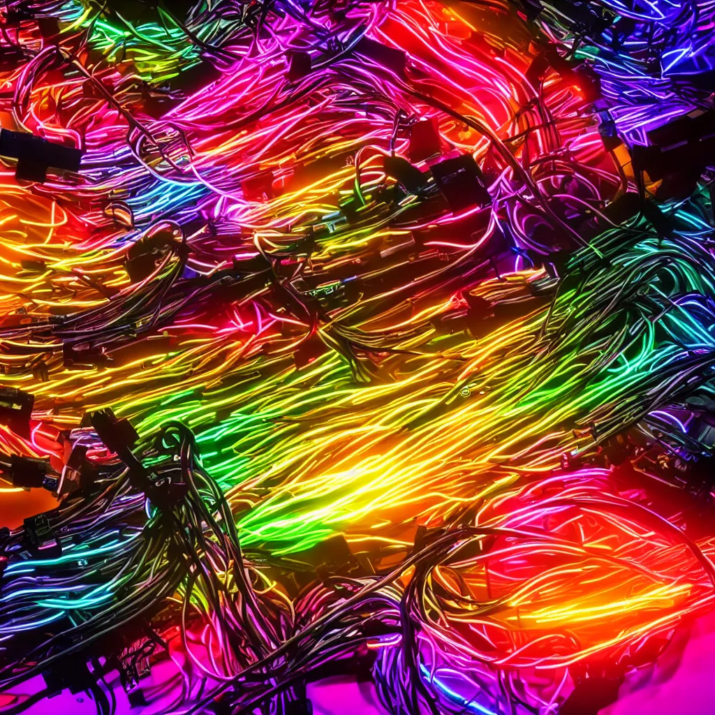 Image similar to mess of colorful cables, graphic art, cinematic lightning, neon lights