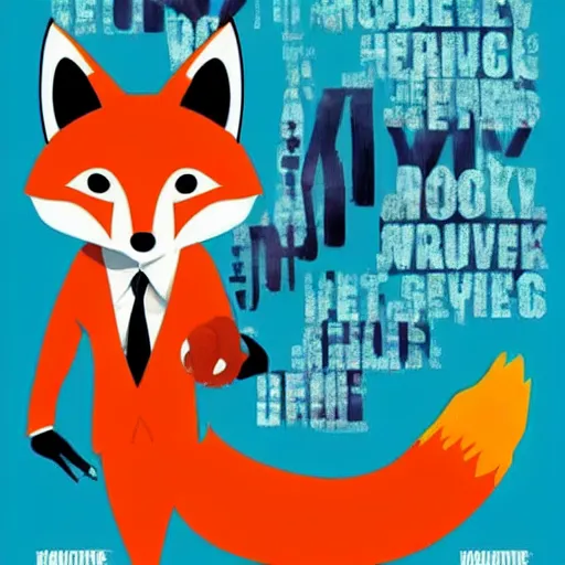 Prompt: movie poster featuring an anthropomorphic fox wearing a black suit, fried chicken in the background, promotional media