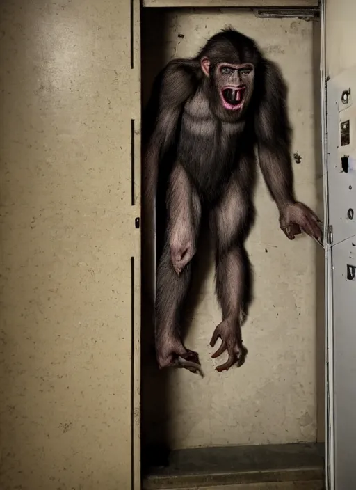 Image similar to scary half human half ape inside fuse box in post communist apartment building