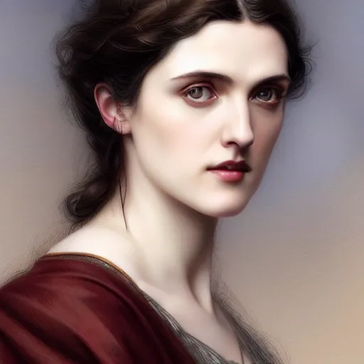 Prompt: beautiful striking Pre-Raphaelite Katie McGrath by Artgerm and Greg Rutkowski, intricate, elegant, highly detailed, digital painting, pale