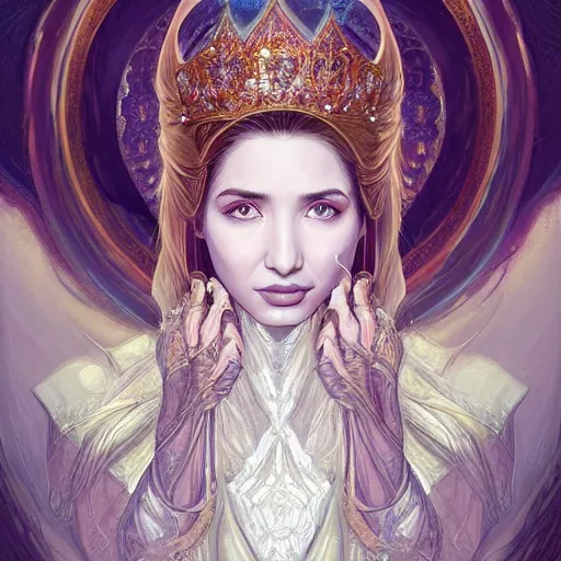 Prompt: head-on symmetrical centered painted portrait, Mahira Khan as a D&D wizard, white bejeweled robes, fantasy, intricate, elegant, highly detailed, digital painting, smooth, sharp focus, illustration, artstation, in the style of Artgerm and Anna Podedworna and Alex Ross