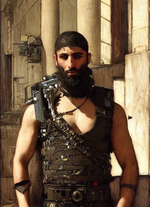 Prompt: Hector. cyberpunk assassin wearing a military vest and military gear. Handsome face. Iranian orientalist portrait by john william waterhouse and Edwin Longsden Long and Theodore Ralli and Nasreddine Dinet, oil on canvas. Cinematic, hyper realism, realistic proportions, dramatic lighting, high detail 4k