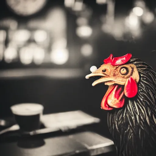 Prompt: a chicken smoking a cigarette in an Aberdeen pub 35mm 4k photoshoot moody dark dingy highly detailed accurate and photorealistic