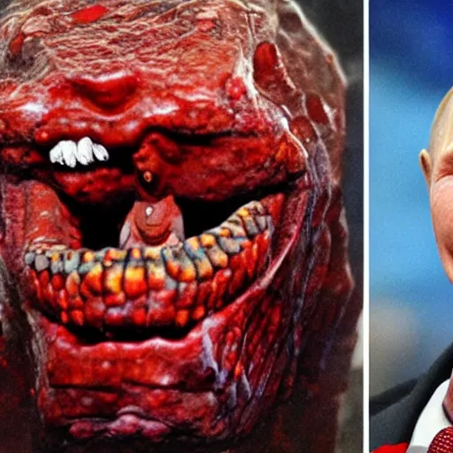 Image similar to photo inside a cavern of a wet reptilian humanoid putin with red eyes, open mouth with big teeth, partially hidden behind a rock with some blingblings