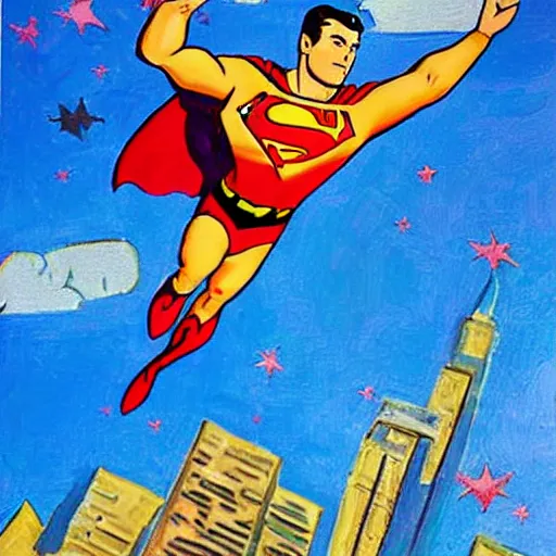 Prompt: robert mueller flying through the sky like superman, art deco painting by lisa frank