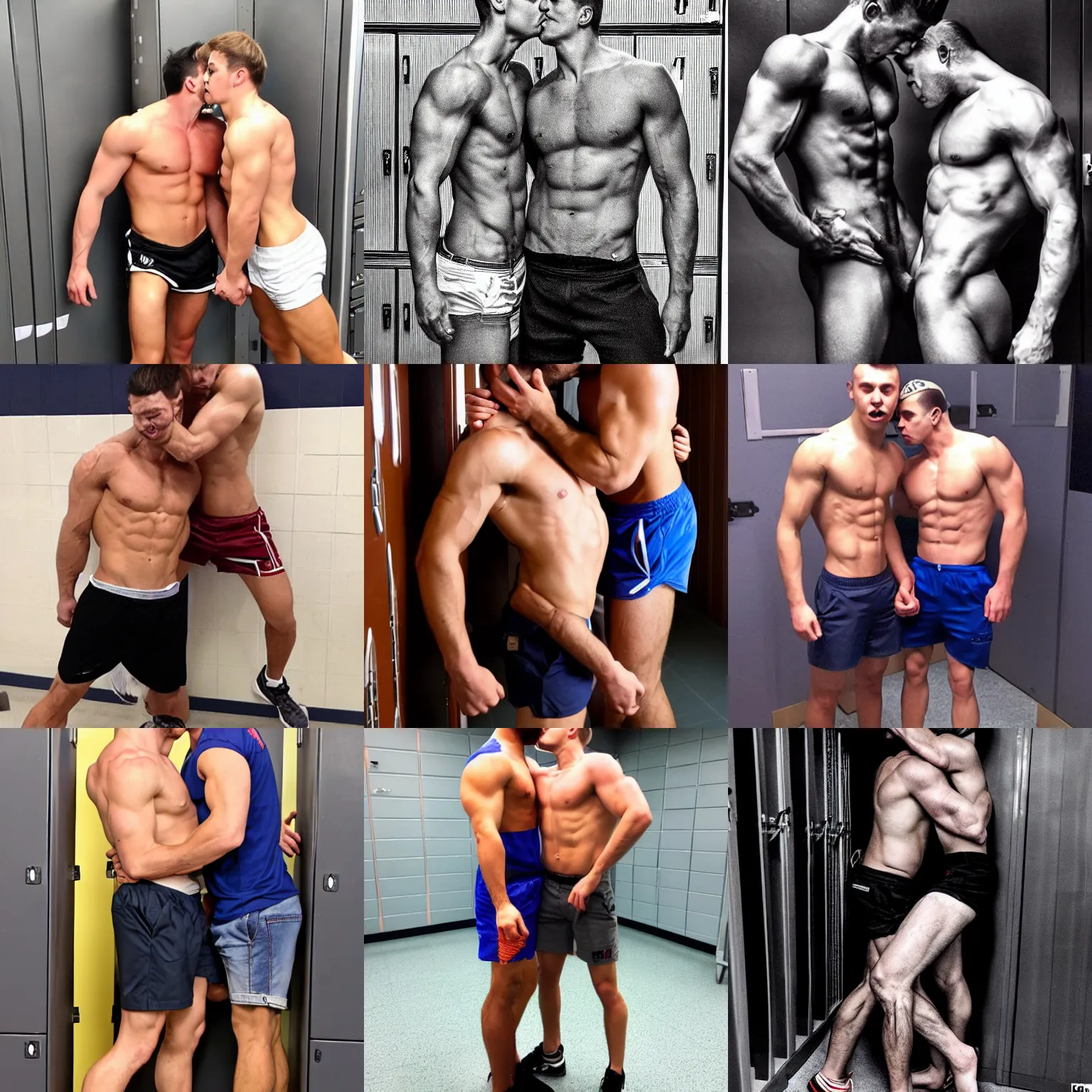 Prompt: kirill sarychev and jack stacked kissing in a locker room, dad energy, manly, shorts, masculinity