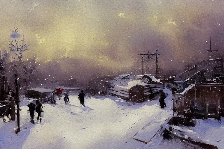 Image similar to small miniature art on watercolor paper, paint brush strokes, abstract watercolor painting of western town, snowy weather, winter, american frontier, midday sharp light, dust, cinematic light, american romanticism by hans dahl, by jesper ejsing, by anders zorn, by greg rutkowski, by greg manchess, by tyler edlin