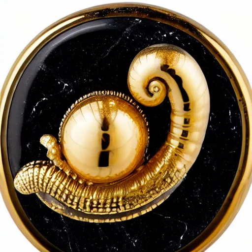 Image similar to a golden faberge snail on a black marble glossy pedestal