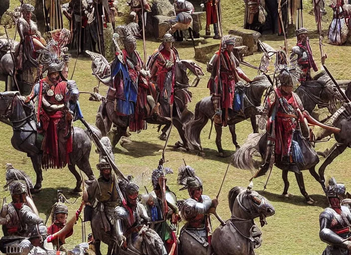 Prompt: a high detail photograph of alexander the great parading with his army through machu pichu, award winning photograph