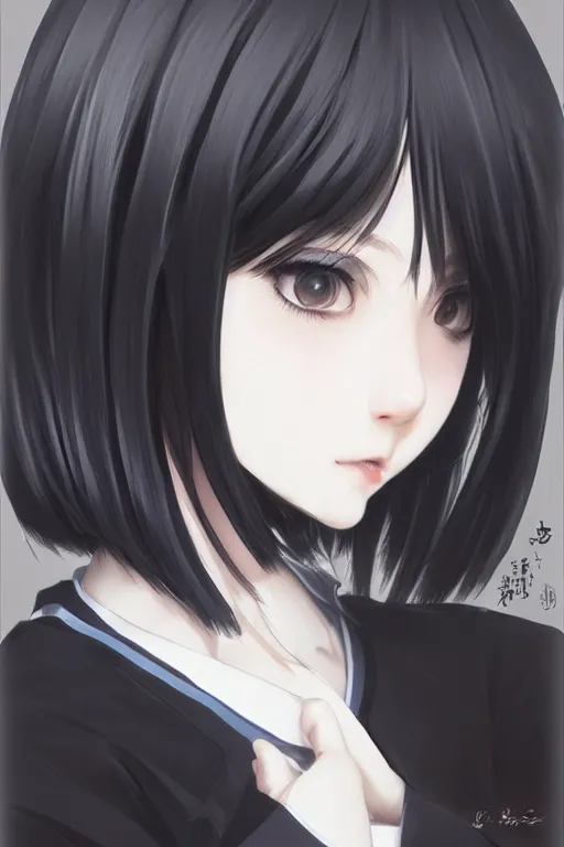 Prompt: Gorgeous realistic japanese schoolgirl with black hair, in black uniform, very detailed eyes. By ilya kuvshinov, krenz cushart, Greg Rutkowski, trending on artstation