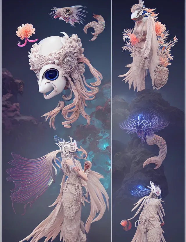 Image similar to 3 d goddess bottom - up with ram skull. beautiful intricately detailed japanese crow kitsune mask and clasical japanese kimono. betta fish, jellyfish phoenix, bio luminescent, plasma, ice, water, wind, creature, artwork by tooth wu and wlop and beeple and greg rutkowski