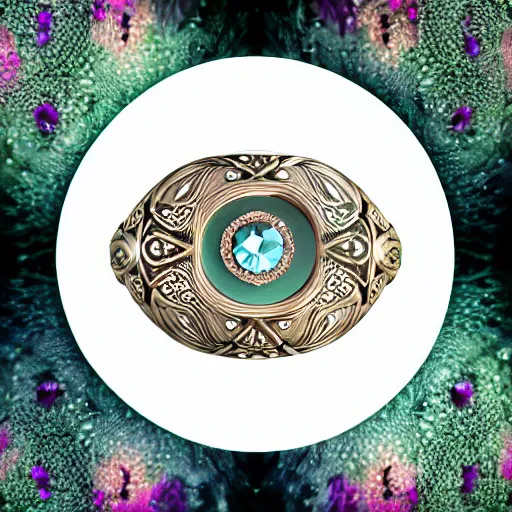 Image similar to intricate! organic, nordic wedding ring, necklace, gemstones, isolated on dreamy floral background, refraction, occlusion, lower and upper levels, keyshot render, octane render, vray render