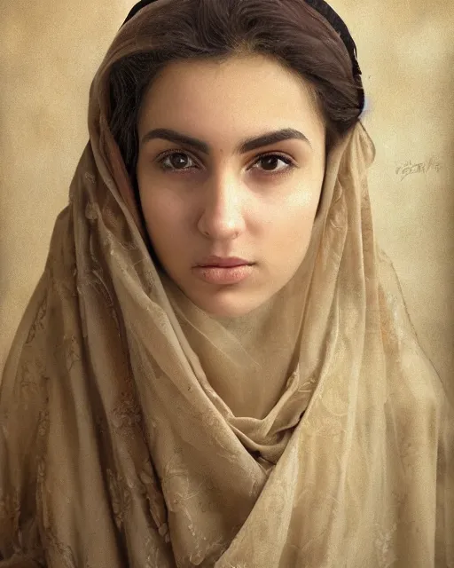 Image similar to a highly realistic, true to life portrait of a beautiful young middle eastern girl, soft focus, from the waist up, with sharp features, a beautiful face, soft smile, under studio lighting, taken with a canon eos camera with 1 3 5 mm focal length by karol bak, james jean, tom bagshaw, rococo, sharp focus, trending on artstation,