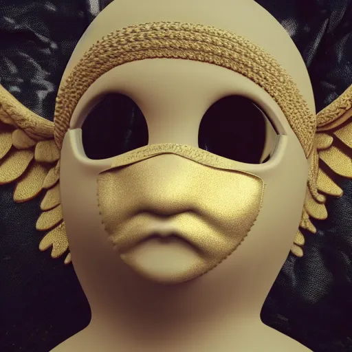 Image similar to a high tech 3 d rendering of a a baby cherub angel wearing a balaclava mask, ski mask, face covered, covered face, fixed eyes, gucci, supreme, chanel, tattoos, multiple gold cuban chain necklace, graffiti in background, cinema 4 d render