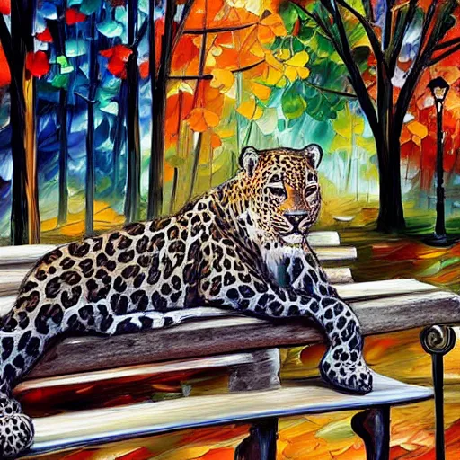 Image similar to by leonid afremov leopard print exciting. a sculpture of a blind woman sitting on a bench in a park in new york city