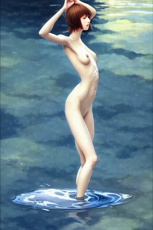 Image similar to a beautiful ayanami rei wearing a plugsuit emerging from the water, oil on canvas, sensuality, artstation, by j. c. leyendecker and edmund blair leighton and charlie bowater, instagram photo