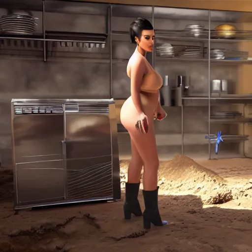 Image similar to kim kardashian repairing the dishwasher in the middle of dirt, photorealist, ultra hd, unreal engine