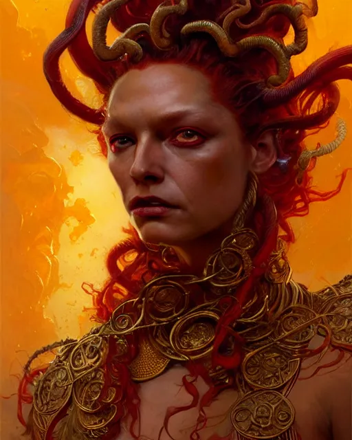 Prompt: fierce medusa in an epic red and golden robe, fantasy character portrait, ultra realistic, concept art, intricate details, highly detailed by greg rutkowski, gaston bussiere, craig mullins, simon bisley