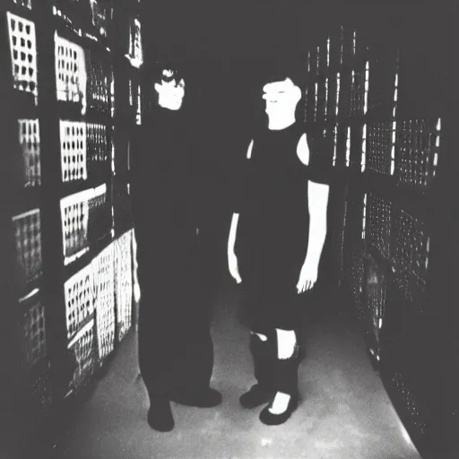 Image similar to two humanoid replicants stand too close to the camera, polaroid, flash photography, photo taken in a completely dark storage room where you can see some clutter in the background