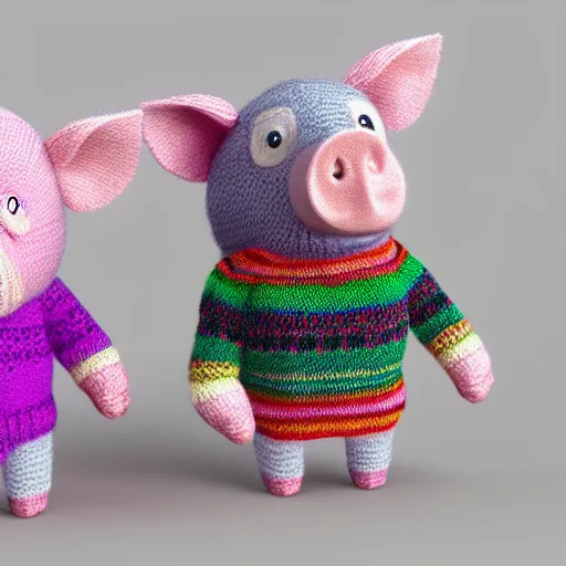 Prompt: super cute sad 🐷 made out of sweaters and yarn octane rendering vivid cinematic lighting 4k