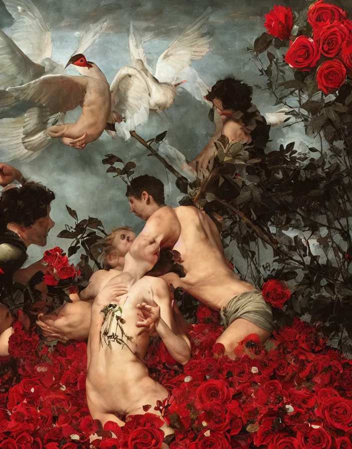 Prompt: a pool of liquid boiling red wax and icarus dressed in a red puffy dress, many white birds and roses fly around, a dark background, wide angle, epic, oil painting in a renaissance style , very detailed, painted by Caravaggio, Greg rutkowski, Sachin Teng, Thomas Kindkade, Norman Rockwell, Tom Bagshaw, halo, octane render, cinematic, hyper realism, octane render, 8k, depth of field, bokeh. iridescent accents. vibrant. teal and gold and red colour scheme