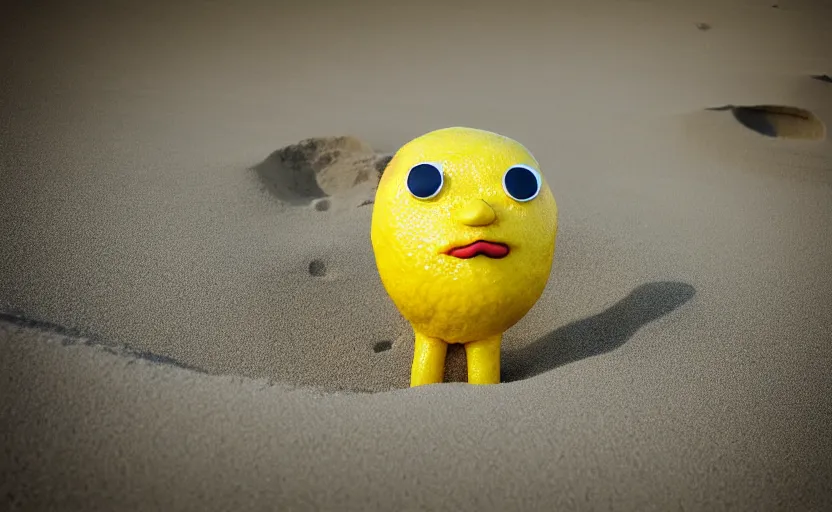 Prompt: 5 0 mm photograph, of a real anthropomorphic lemon cartoon character, it has lemon skin texture, it's wearing a hat and a vr head, building a sandcastle on the beach at sunset, beach, waves, sun, clouds, tropical trees, rim light, sand, sandcastle, volumetric lightening, pentax k 1 0 0 0