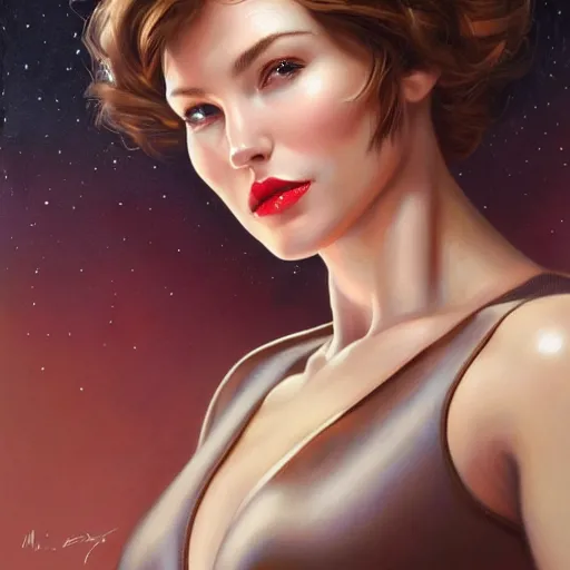 Prompt: a portrait of a very beautiful woman in a spacesuit with deep dueling scar across cheek, brown eyes, shoulder-length brown hair, red lips, bored, illustration, soft lighting, soft details, painting oil on canvas by mark arian by artgerm, trending on artstation, 4k, 8k, HD