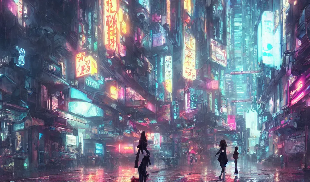 Prompt: a girl and a cat walk near the crowded street of a cyberpunk city, rain, harsh neon lights, highly detailed, digital painting, trending on artstation, concept art, sharp focus, illustration, art by artgerm and greg rutkowski and magali villeneuve