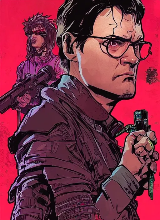 Image similar to cyberpunk dwight schrute. portrait by ashley wood and alphonse mucha and laurie greasley and josan gonzalez and james gurney. spliner cell, apex legends, rb 6 s, hl 2, d & d, cyberpunk 2 0 7 7. realistic face. vivid color. dystopian setting.