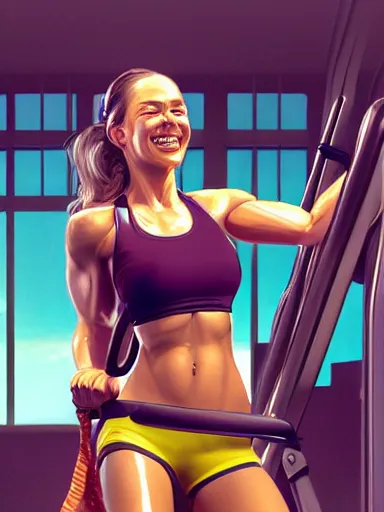 Image similar to a beautiful happy woman working out at the gym. smiling popular girl. intricate, elegant, highly detailed, digital painting, artstation, cinematic shot, concept art, sharp focus, illustration, by justin gerard and artgerm, 8 k