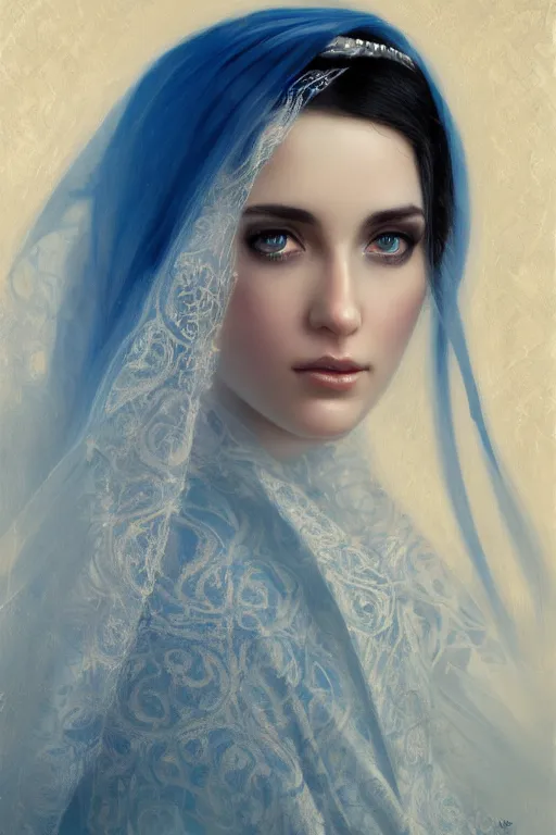 Image similar to arab Ameera al-Taweel, bright blue eyes, long wavy black hair, white veil, closeup, focus face, elegant, highly detailed, centered, oil painting, artstation, concept art by tom bagshaw