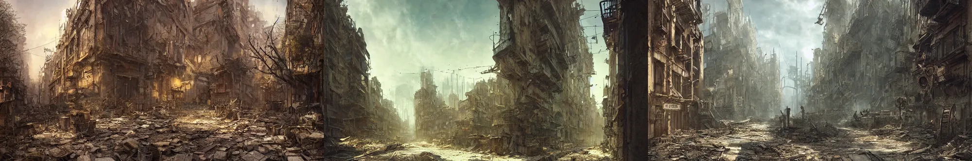 Prompt: Post Apocalyptic Steampunk City, urban photography by Tomas Cambas & Riccardo Magherini, 16k resolution, abandoned city photo by Les Vieilles Pierres, 8k resolution city streets painting by Greg Rutkowski & Ferdinand Knab